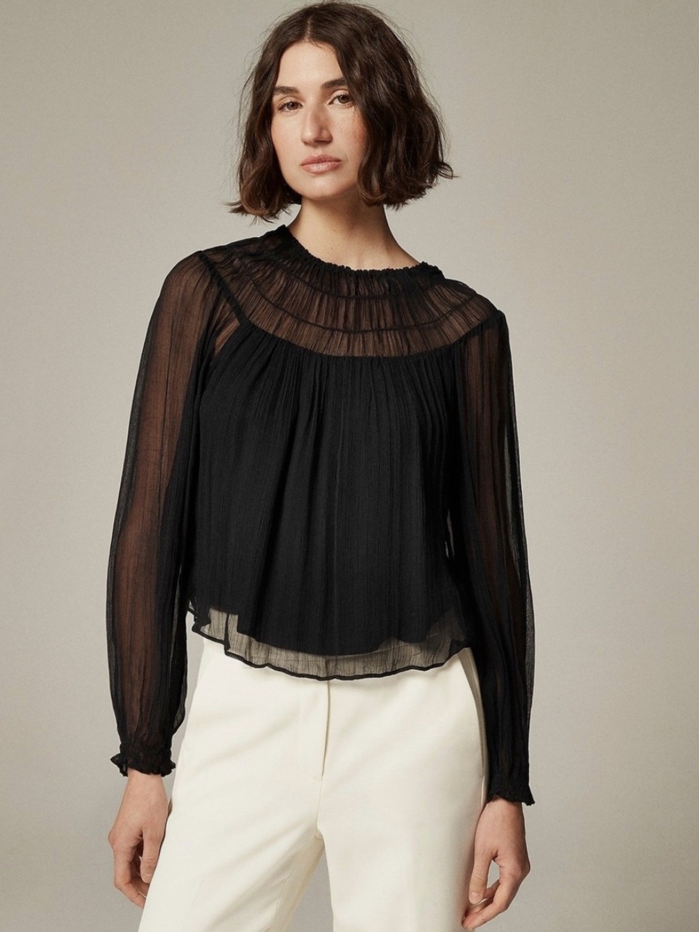 J. Crew Black Sheer Ruffled Yoke Blouse